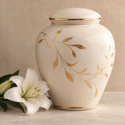 Urna Deluxe: imagen ilustrativa de una urna de cerámica con flores blancas