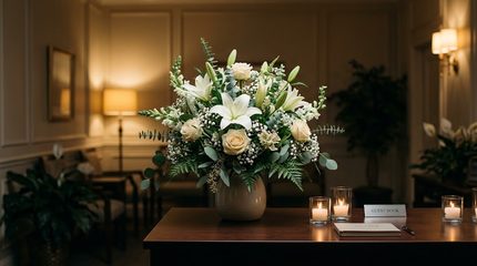 Arreglo de flores blancas para un homenaje funerario